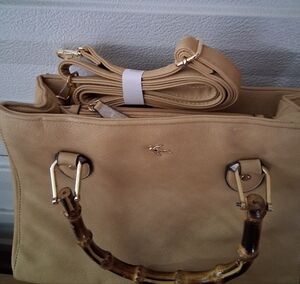 KATE LANDRY BEIGE NWOT Tote Bag with Bamboo Handles/shoulder Straps